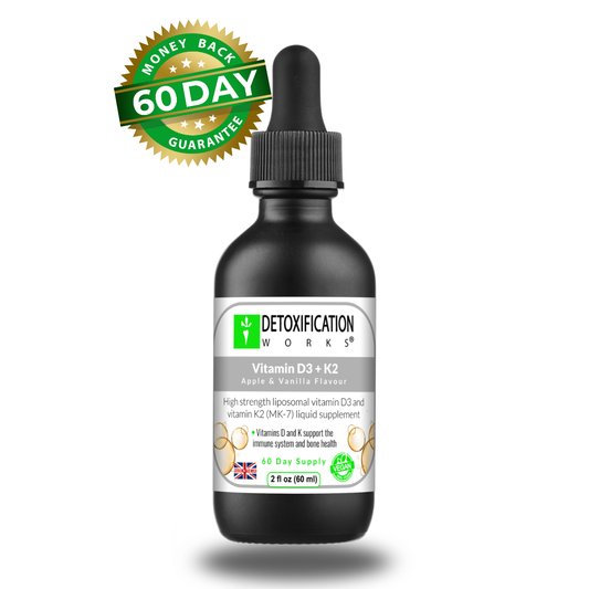 Black bottle with dropper labeled 'Detoxification Works' on a white background