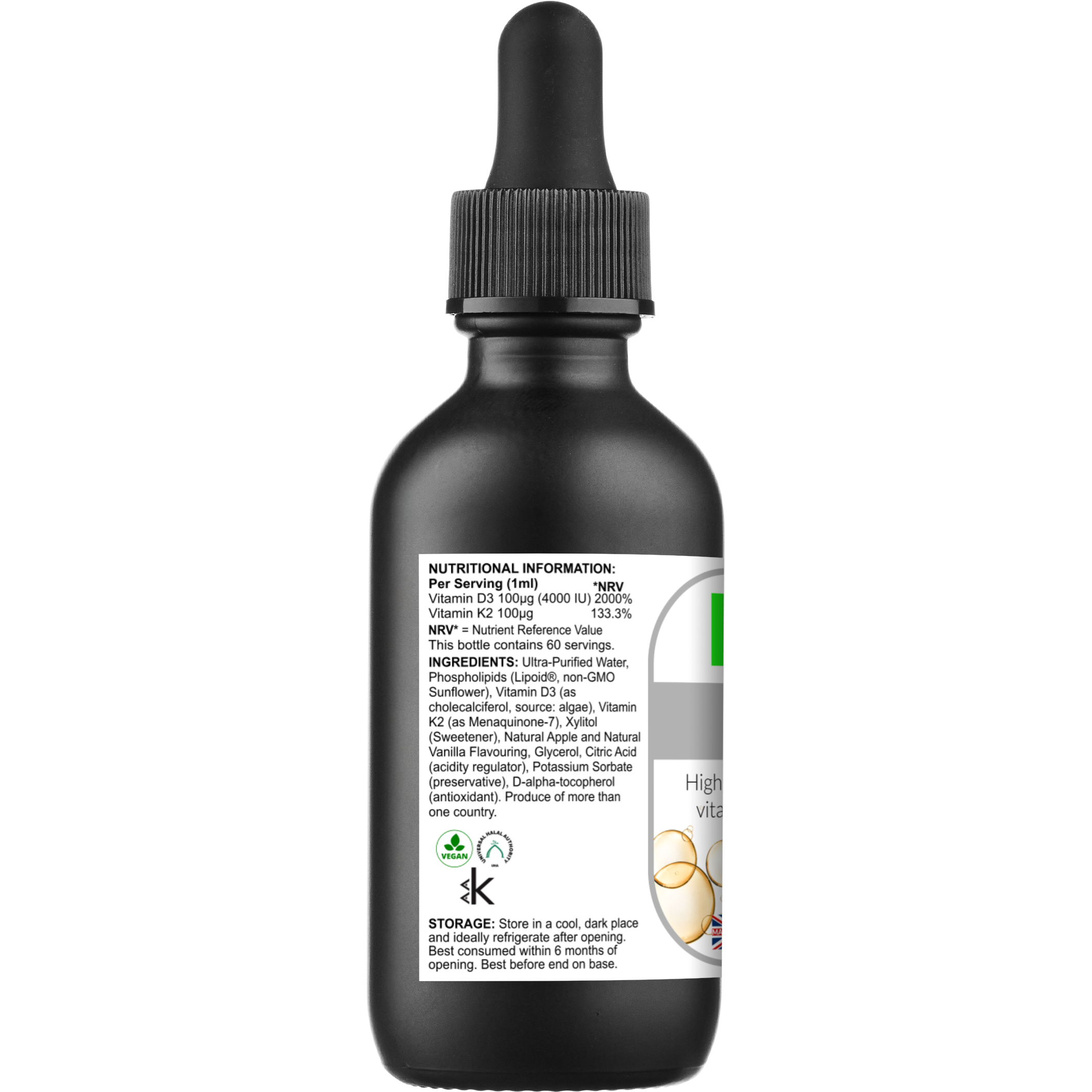 Black bottle with dropper labeled 'K2' on a white background