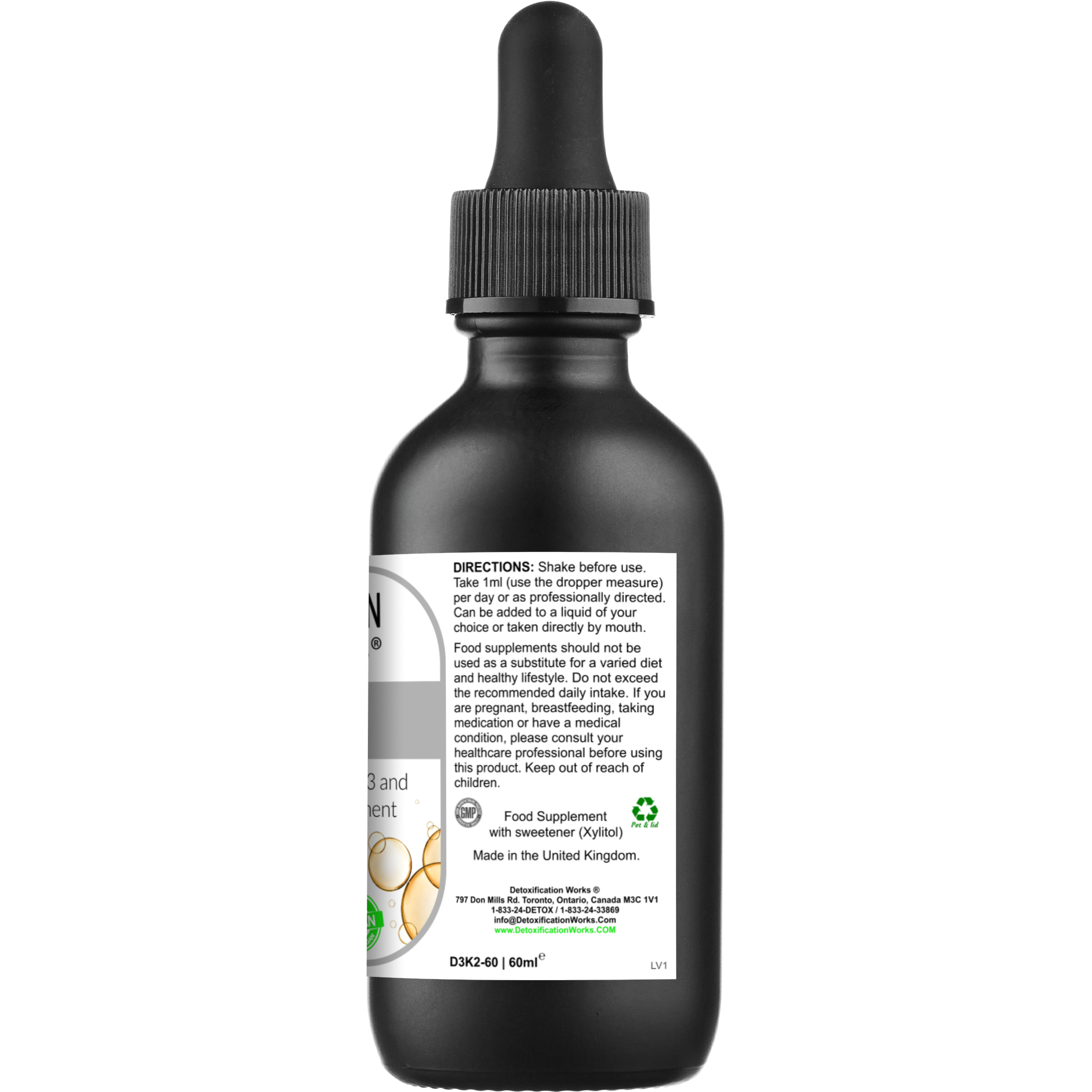Black bottle with dropper labeled on a white background
