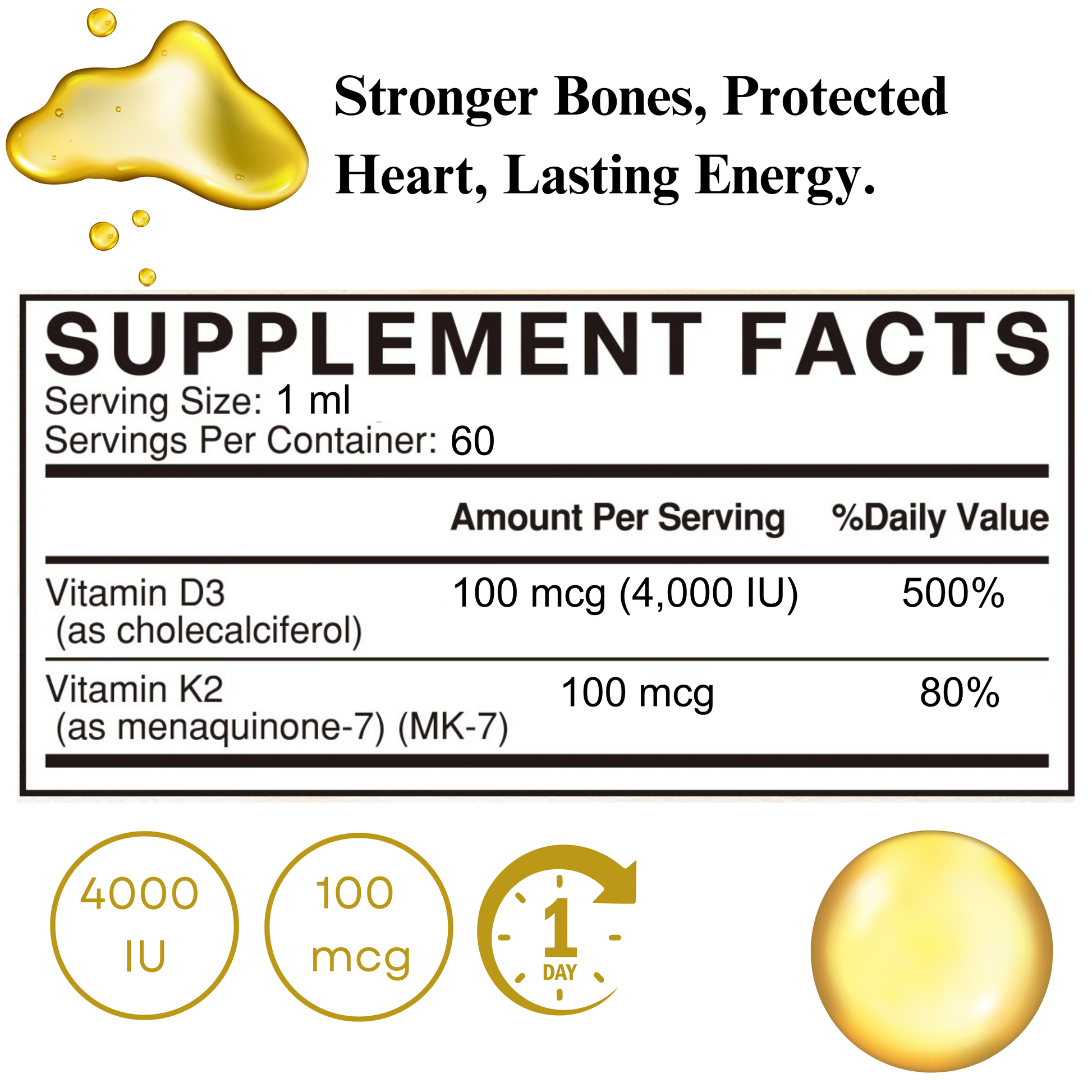 vitamin d3 k2 supplements facts. Supplement label with Vitamin D3 and K2 on a white background