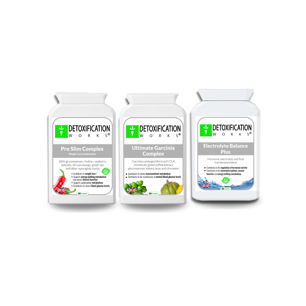 Three bottles of Detoxification Works supplements on a white background
